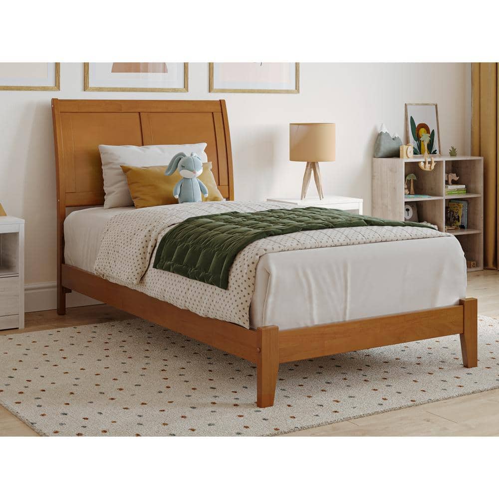 Portland Light Toffee Twin Wood Platform Bed with Upholstered Headboard