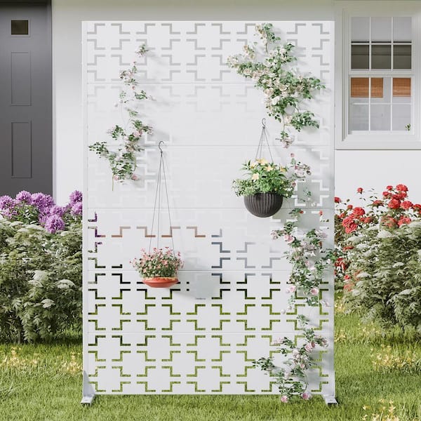 72 in. x 47 in. White Metal Privacy Screen Fence Panel Square Pattern