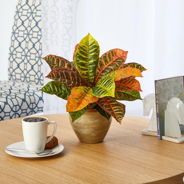 Nearly Natural 15 in. Garden Croton Artificial Plant in Ceramic Planter (Real Touch)
