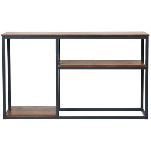 Kinwell 53 In Brown Rectangle Narrow Wood Console Table With 2 Tier Side Shelf Mla000696 Teak The Home Depot