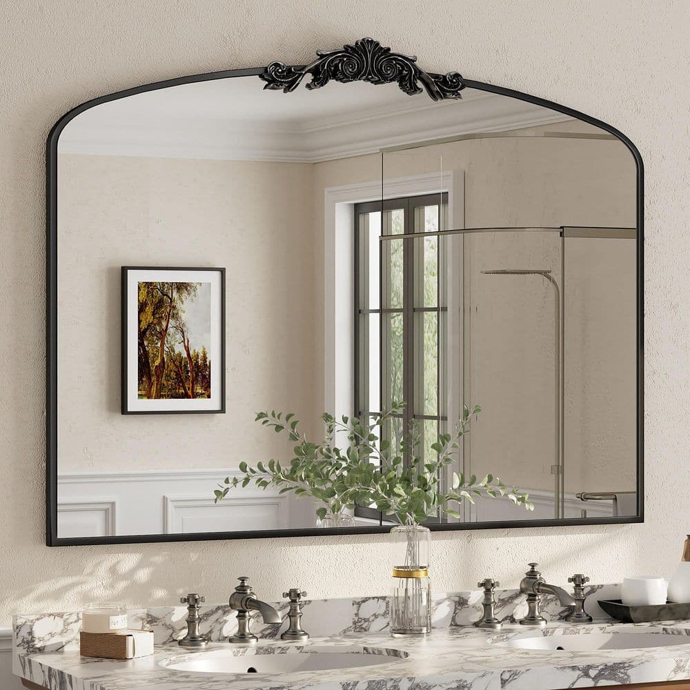48 in. W x 36 in. H Arch Aluminum Alloy Framed French Cleat Mounted Baroque Wall Decor Bathroom Vanity Mirror in Black price history on PriceWatchPro