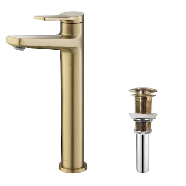 KRAUS Indy Single Handle Vessel Bathroom Faucet and Pop Up Drain in Brushed Gold