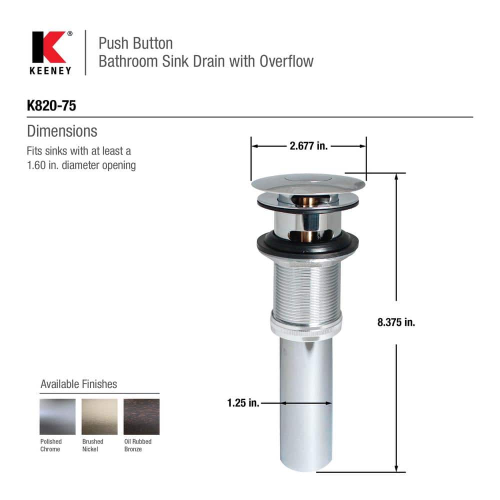Chrome Push Button Bathroom Sink Drain with Overflow