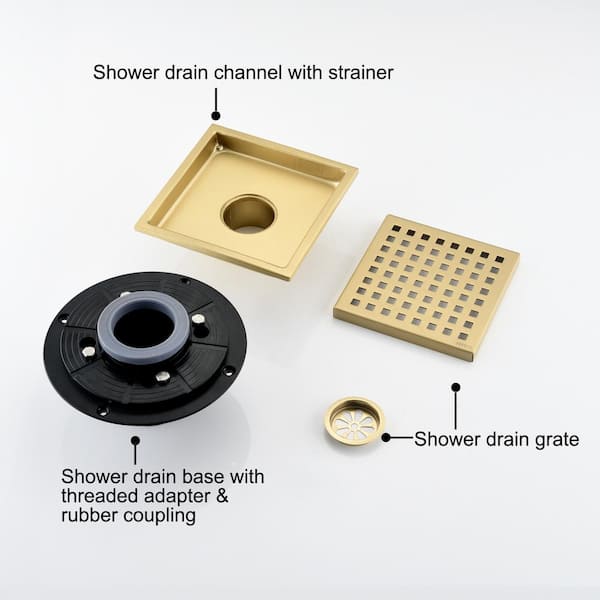 4 Inch Square Shower Drain With Removable Cover Grate, Brass Anti