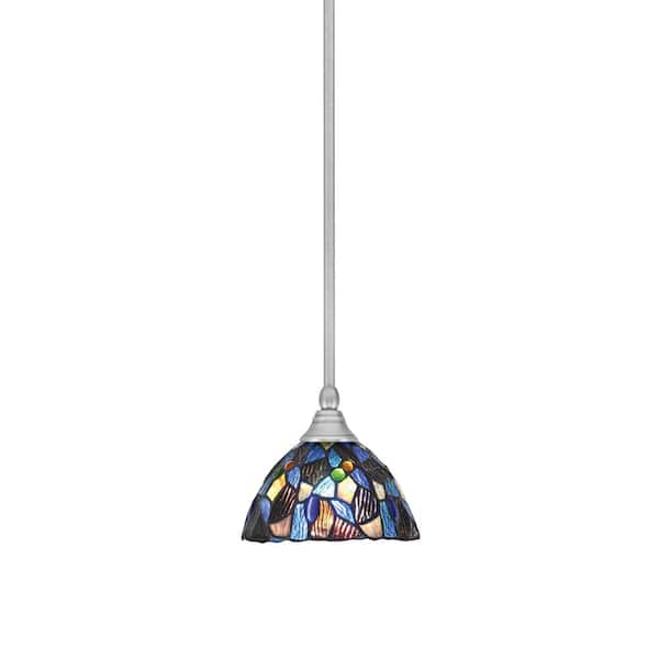 Unbranded Sparta 100-Watt 1-Light Brushed Nickel Shaded Pendant Light Mini Pendant with Blue Mosaic Art Glass and No Bulb Included