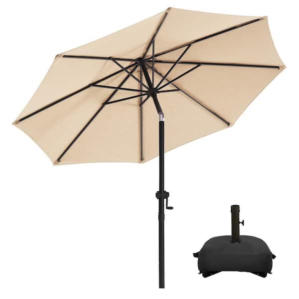 9 ft. Market Patio Umbrella with Base and Push Button Tilt in Beige