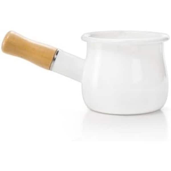 Enamel Mini Stock Pot [0.6 qt.] White Nonstick Saucepan with Wooden Handle and Dual Pour Spout for Stove Top