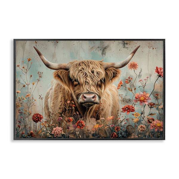 Spring Blooms Highland Cow by LSR Design Studio Black Framed Animal Giclee Art Print 12 in. x 18 in.