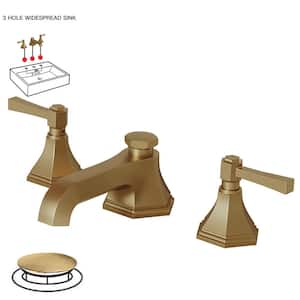 8 in. Widespread Double Handle 3 Hole Bathroom Faucet Water-Saving With Metal Drain In Brushed Gold