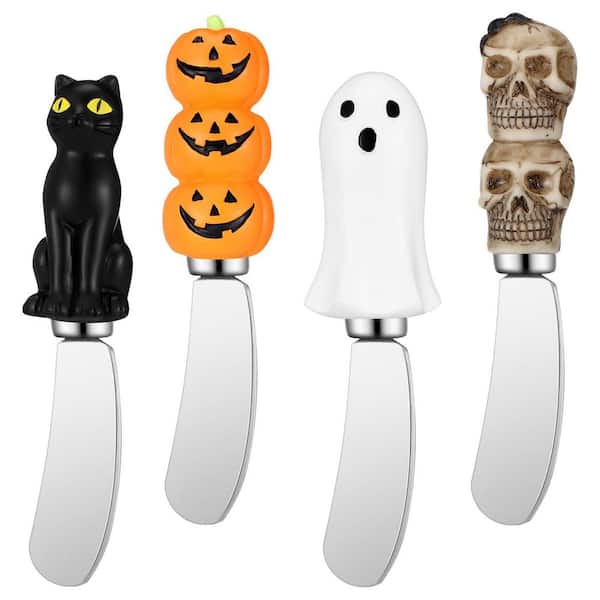 4-Piece Halloween Stainless Steel Cheese Knives, Butter Spreader Set with Pumpkin, Black Cat, Ghost and Skull Handle