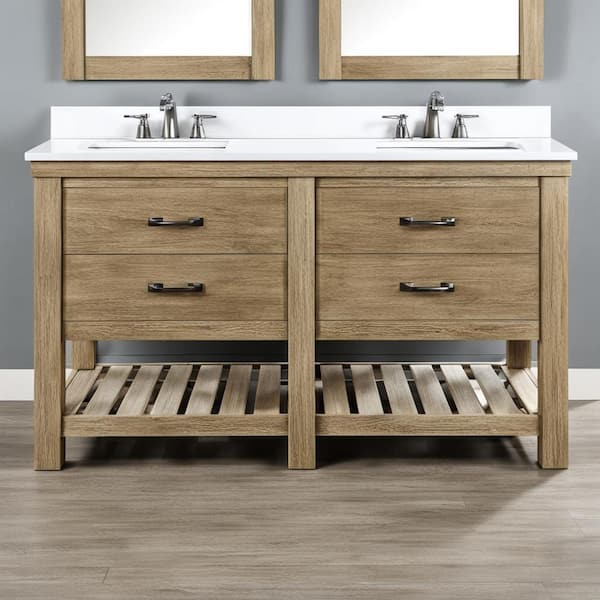 Home Decorators Collection Weathersby 61 in. Double Sink Bleached Pine  Bath Vanity with White Quartz Top (Assembled)