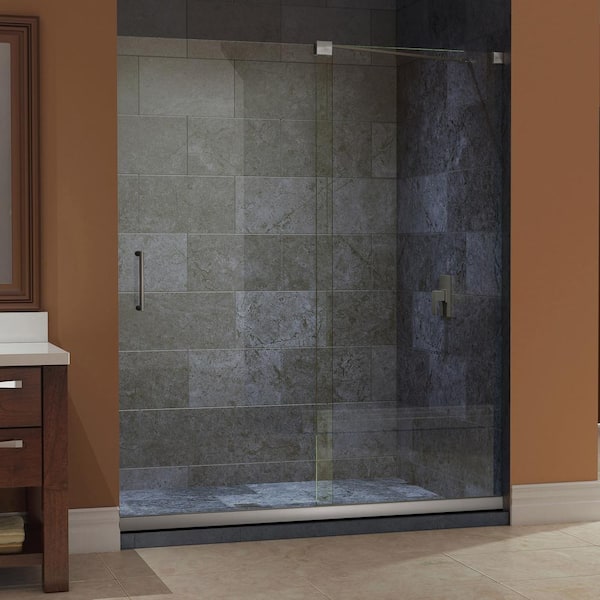DreamLine Mirage 30 in. x 60 in. x 74.75 in. Semi-Framed Sliding Shower Door in Brushed Nickel with Left Drain White Acrylic Base