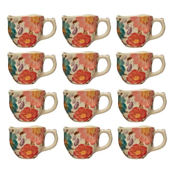 Storied Home 8 oz. Multicolor Organically Shaped Edge Stoneware Mug with Painted Floral (Set of 12)