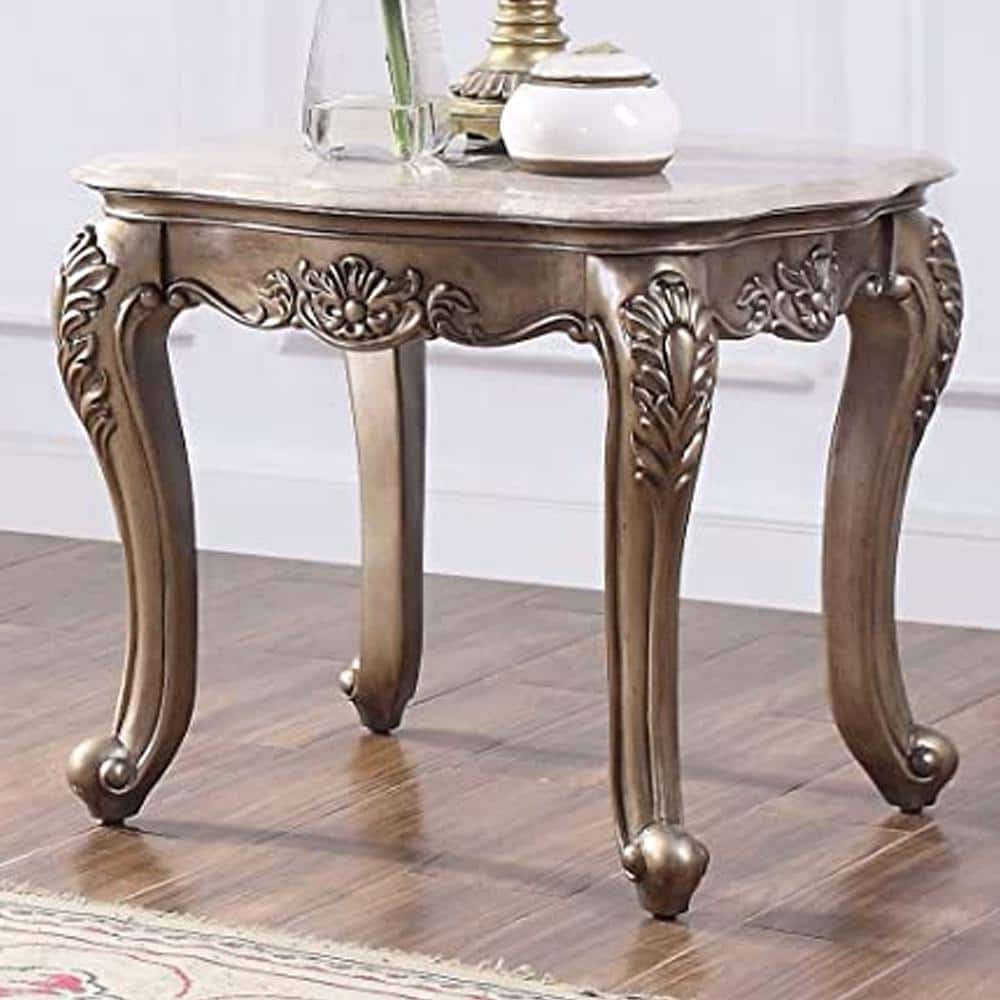 Jayceon Classic Queen Anne Legs Marble Top End Table in Champagne