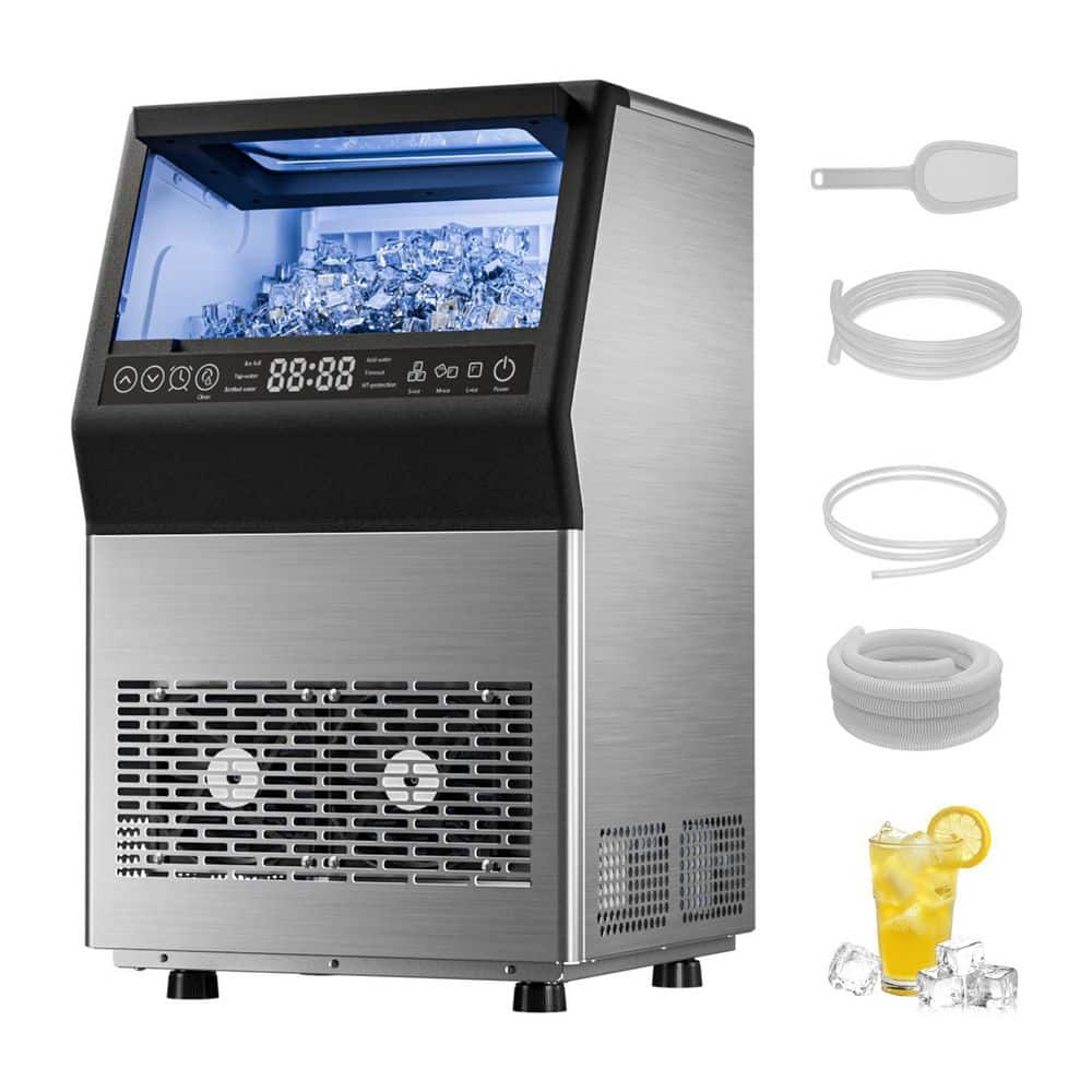 14.17 in. 80 lb./24H Full Size Cubes Freestanding Commercial Ice Maker in Stainless Steel with Dual Water Supply Options