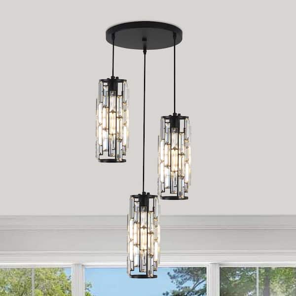 3-Light Black Modern Metal Hanging Pendant Light Ceiling Light with Crystal Cover