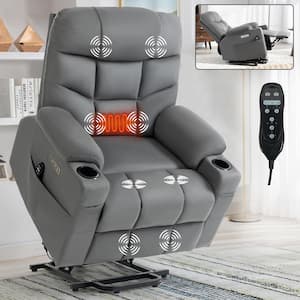 Gray Microfiber Power Lift Recliner Chair with 8-Point Vibration Massage, Lumbar Heating, Cup Holders, USB Ports