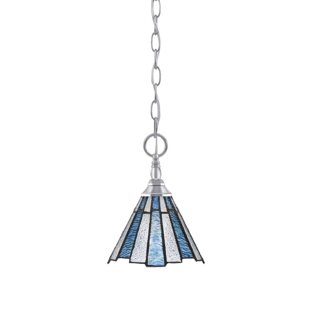Elva 100-Watt 1-Light Chrome Shaded Pendant Light with 7 in. Sea Ice Art Gl