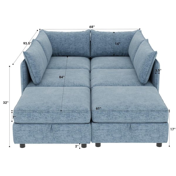 Harper & Bright Designs Convertible Modular 129 in 6 Piece Chenille Sectional Sofa in. Antique Blue with Storage Seats, Ottomans, Sleeper Sofa GCSFPS00017