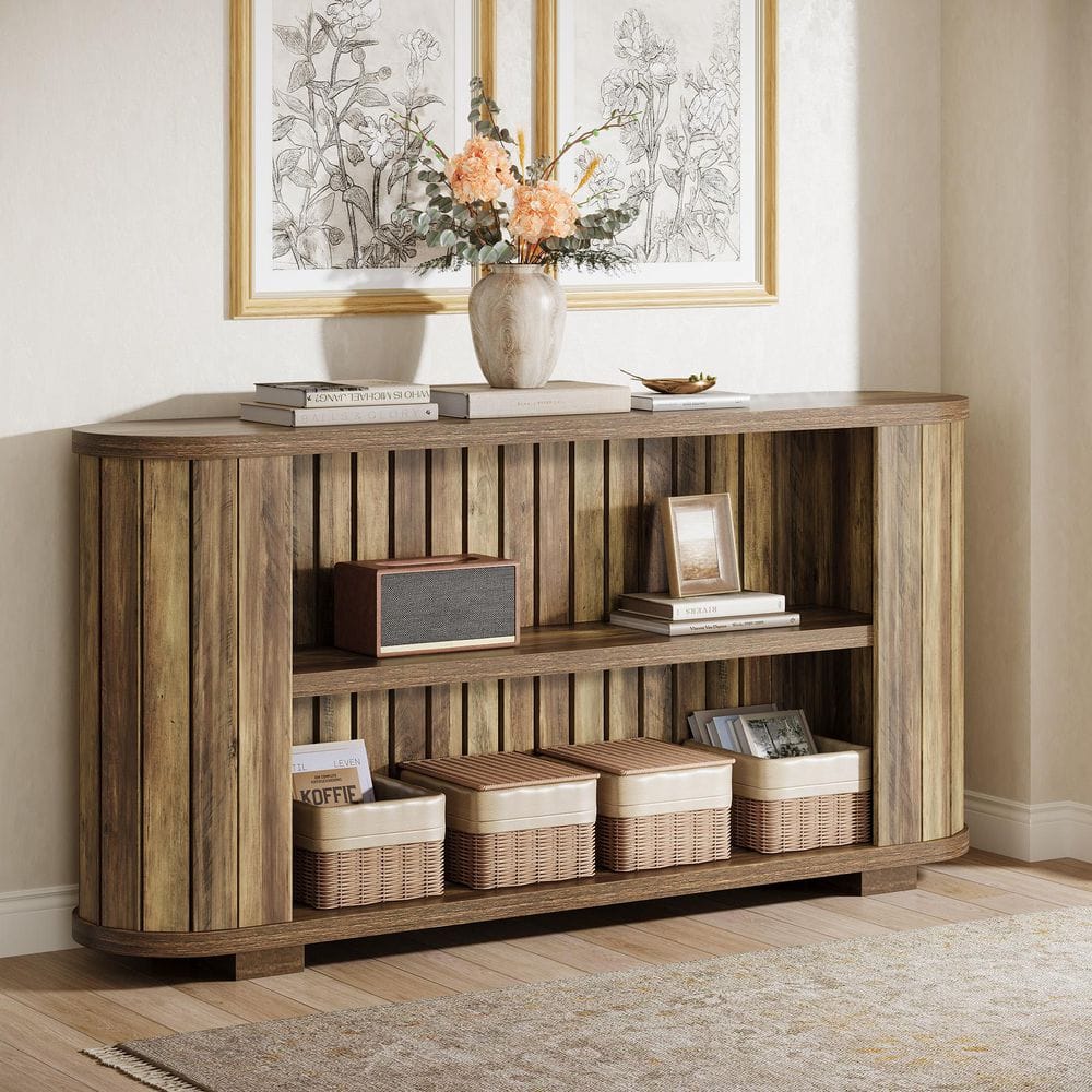 Turrella 63 in. Brown Rectangle Wood Sofa Table, 3-Tier Console Table with Storage Shelf for Living Room, Entryway