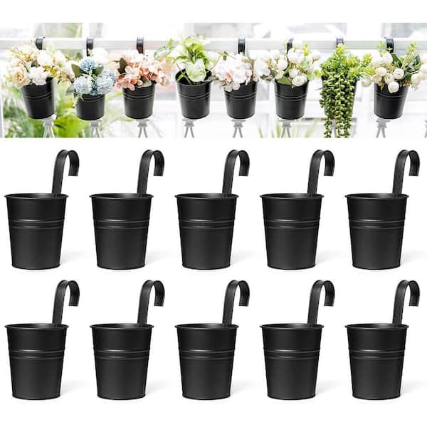 Black Metal Hanging Flower Pots, 4 in Iron Railing Planters with Detachable Hooks for Balcony Fence Garden (10-Pack)