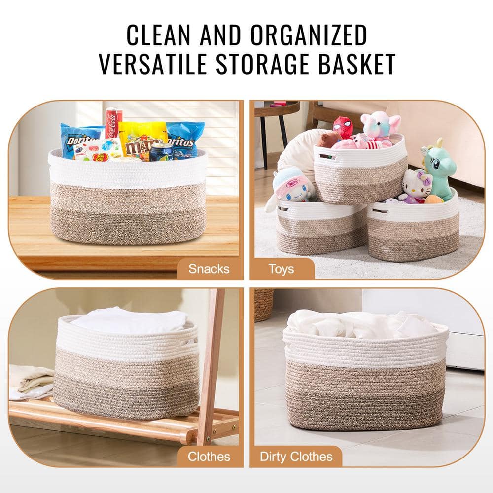 White and Linen Round Cotton Rope Storage Baskets, Set of 3