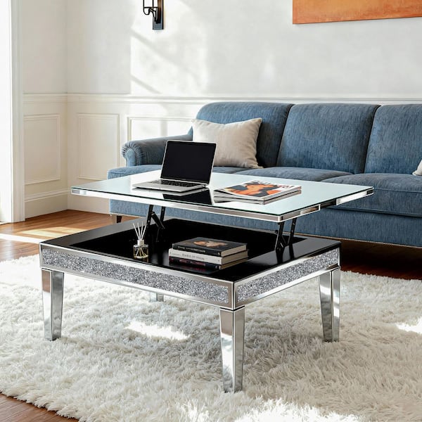 Silver 35.4 in. W x 18.1 in. H Rectangle Full Length Mirror Lift Top Glass Coffee Table with Storage