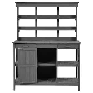 Large Outdoor Farmhouse Wooden Potting Bench Table, Garden Workstation with 2 Drawers, Cabinet and Open Shelves, Gray