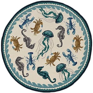 Mira Ivory/Teal 8 ft. Round Bordered Nautical Hand-Made Area Rug