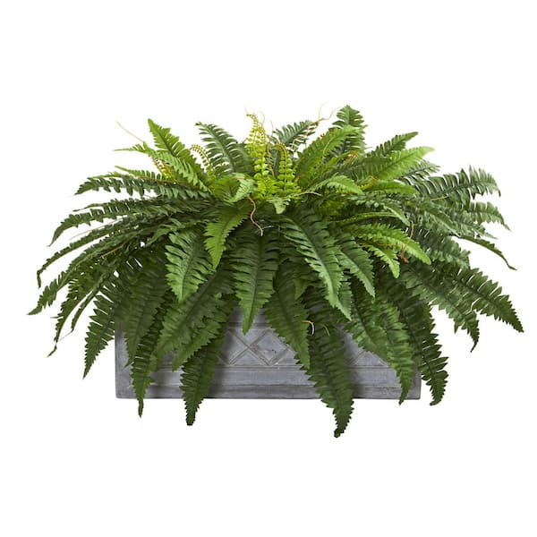 Nearly Natural Indoor Boston Fern Artificial Plant in Stone Planter