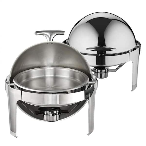 2-Pack Roll-Top Round Chafing Dish Set, 6 Qt, Stainless Steel, Full-Size Pans, Water Pans, Fuel Holders
