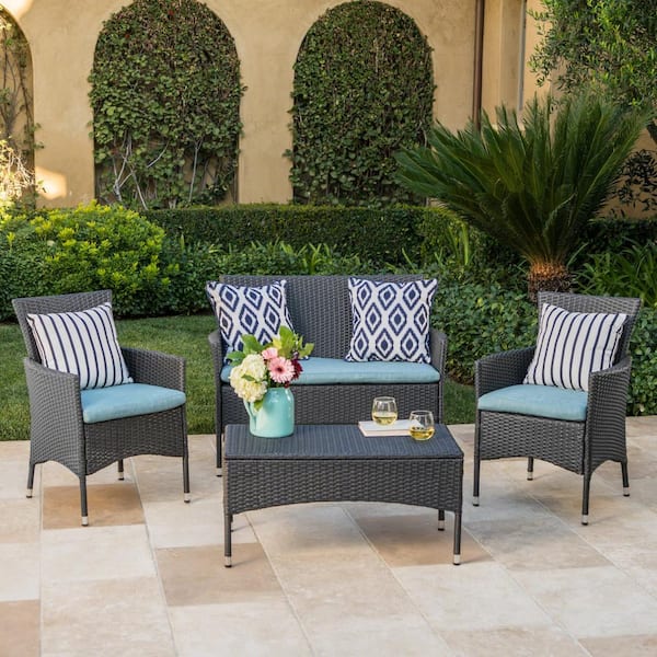 Noble House Malta Gray 4-Piece Plastic Patio Conversation Set with Teal Cushions