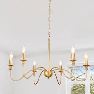 6-Light Spray Paint Gold Rustic Candlestick Linear Chandelier Lighting for Kitchen Island with No Bulbs Included