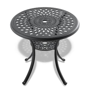 30.71 in. Round Cast Aluminum Patio Dining Table with Black Frame and Umbrella Hole for Backyard, Balcony and Poolside