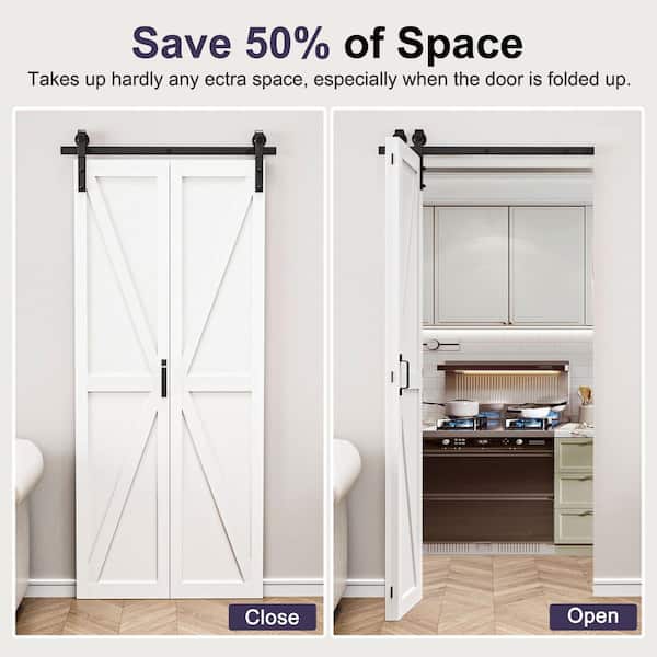 36 in. x 84 in. Paneled White Finished MDF British K Shape Composite Bifold Sliding Barn Door with Hardware Kit