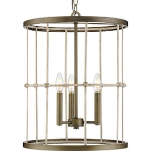 Lattimore Collection 16 in. 3 -Light Aged Brass Coastal Hall and Amp, Foyer Shaded Light
