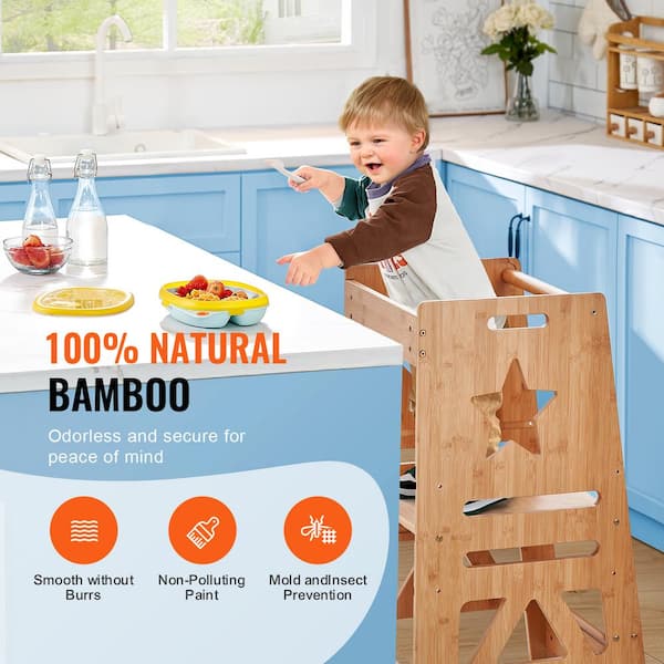 VEVOR Tower Step Stool 350 lbs. Load 3 Level Height Bamboo Toddler Kitchen Stool Helper with Safety Rail for Kitchen Bathroom ETKDJBHDZZTX2MZITV0