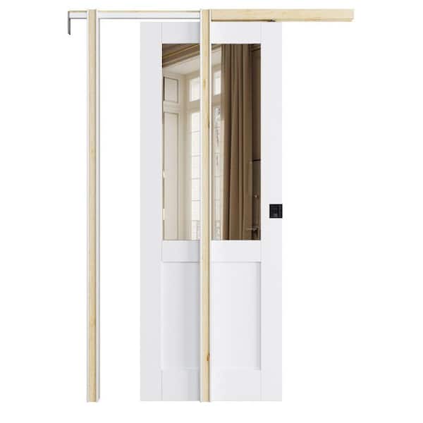 28 in. x 80 in. 1/2-Lite Mirrored Glass White Primed Pocket Door Frame with Hardware Kit (Soft Close Black Lock Incl)