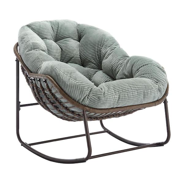 Wicker Outdoor Rocking Chair with Light Green Cushion, Rattan