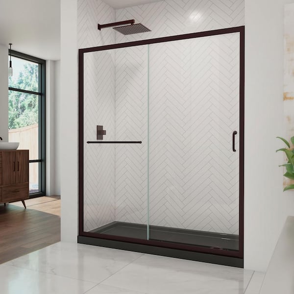 DreamLine 34 in. L x 60 in. W x 76 3/4 in. H Alcove Shower Kit with Sliding Semi-Frameless Shower Door in Bronze and RB Shower Pan