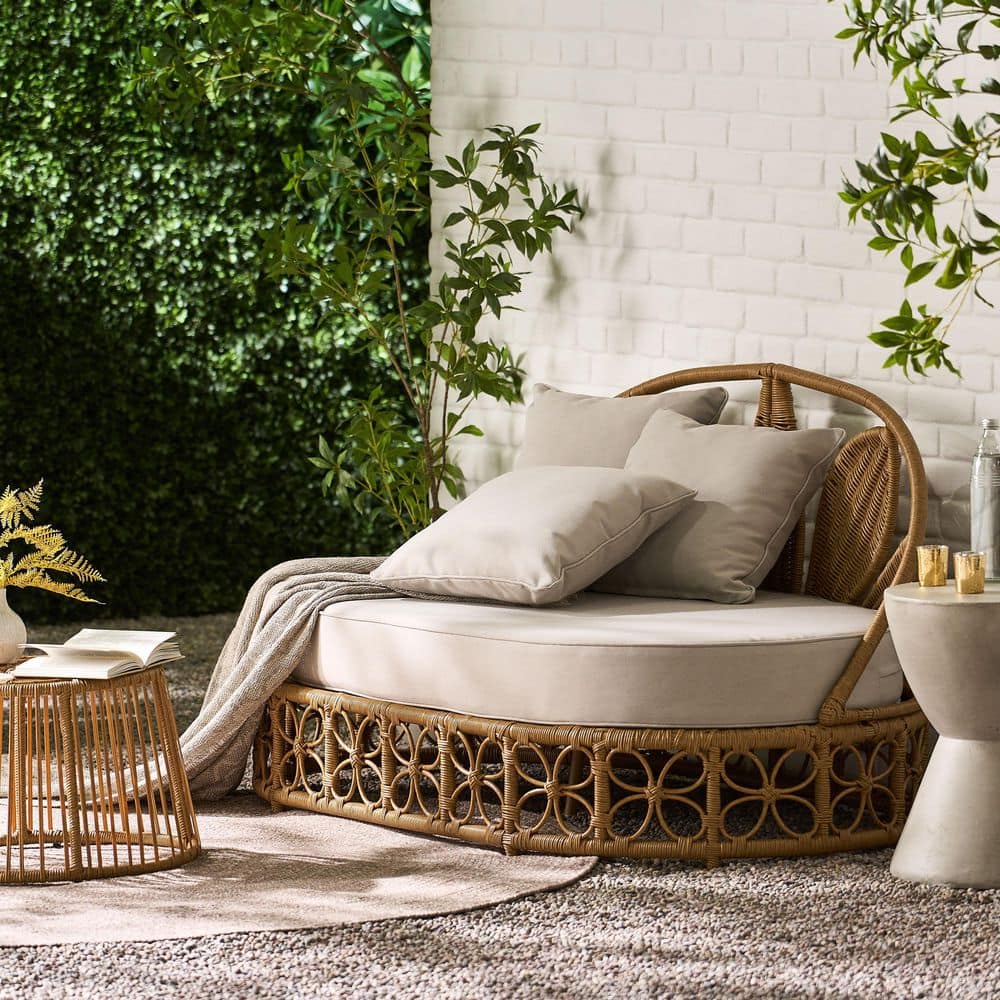 Stetson Beige and Light Brown Wicker Outdoor Daybed with Pillows