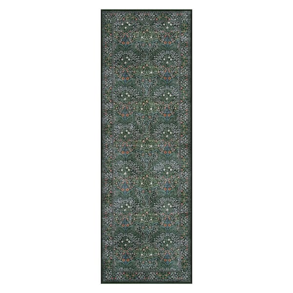 Boho Floral Botanical Washable Non Slip Dark Green 2 ft. x 6 ft. Runner Area Rug