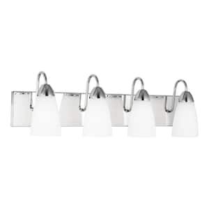 Seville 28 in. 4-Light Chrome Transitional Modern Wall Bathroom Vanity Light with White Etched Glass Shades