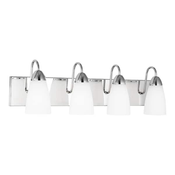 Generation Lighting Seville 28 in. 4-Light Chrome Transitional Modern Wall Bathroom Vanity Light with White Etched Glass Shades
