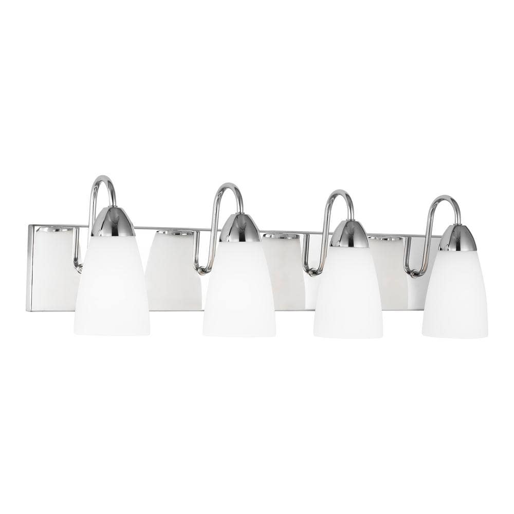 Generation Lighting Seville 28 in. 4-Light Chrome Transitional Modern Wall Bathroom Vanity Light with White Glass Shades and LED Bulbs