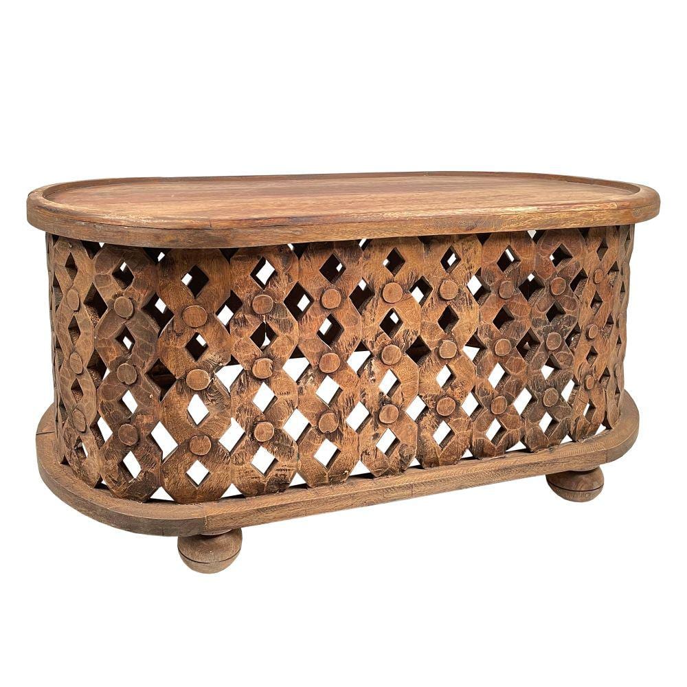 36 Inch Oval Farmhouse Coffee Table with Intricate Cut Out Design  Antique Brown