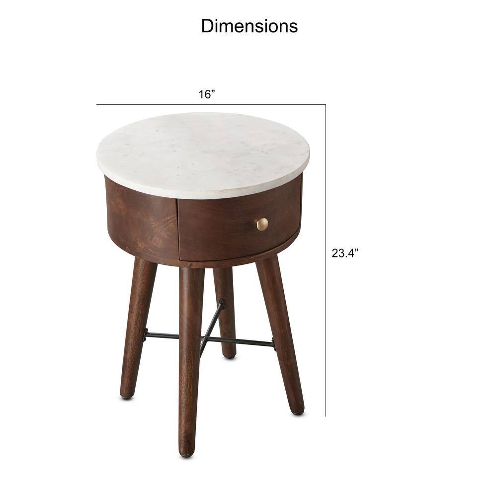 Bangalore 16" Brown Wood and White Marble Round End Table with Storage