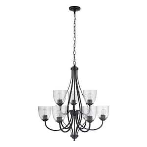 Serene 9-Light Espresso Finish with Seeded Glass Transitional Chandelier for Kitchen/Dining/Foyer, No Bulbs Included