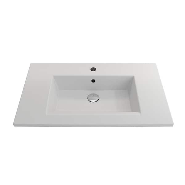 BOCCHI Ravenna Matte White 32.25 in. 1-Hole Fireclay Rectangular Wall-Mounted Sink with Overflow