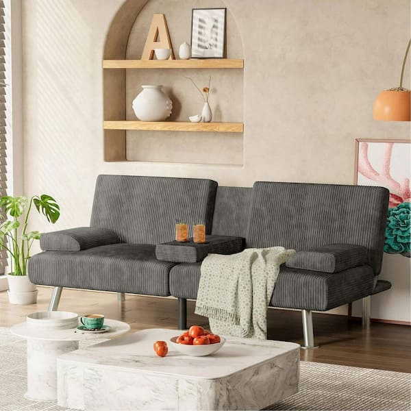 65 in. Corduroy Upholstered Convertible Folding Futon Sofa Bed 2 Cupholders, Gray